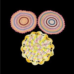 *NFS*Vintage Hand Crocheted Round Doilies Pink Yellow Easter Spring - Set of 3